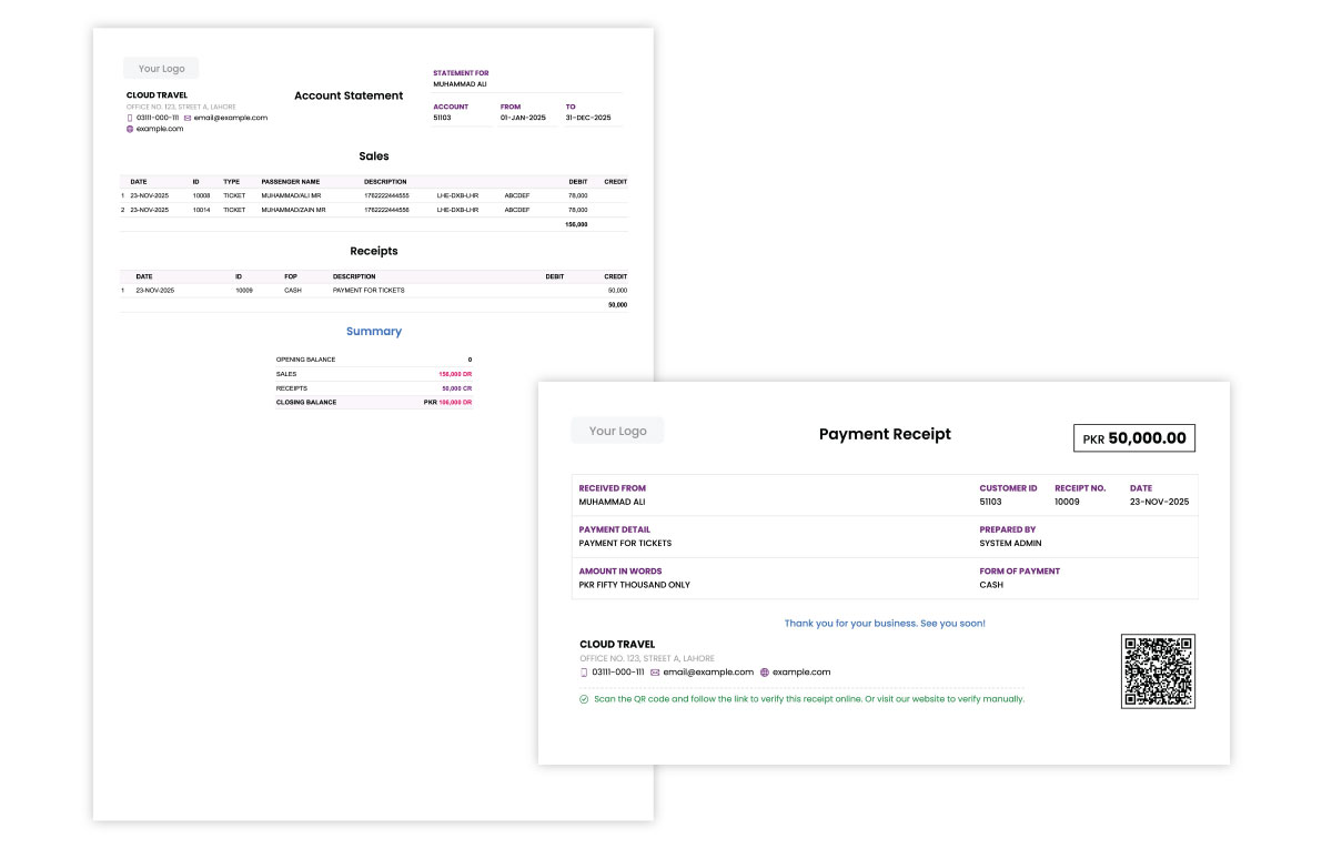 Travel CRM Statement and Receipt